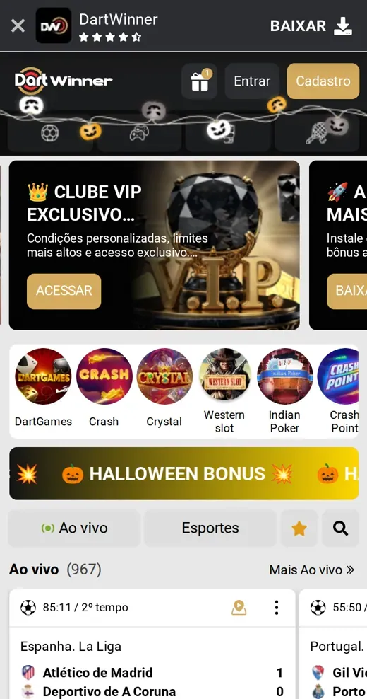 Página inicial da DartWinner com opções de jogos e apostas